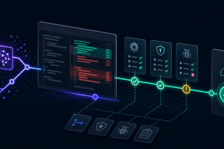 AI code diff passing through test, risk, and human review gates