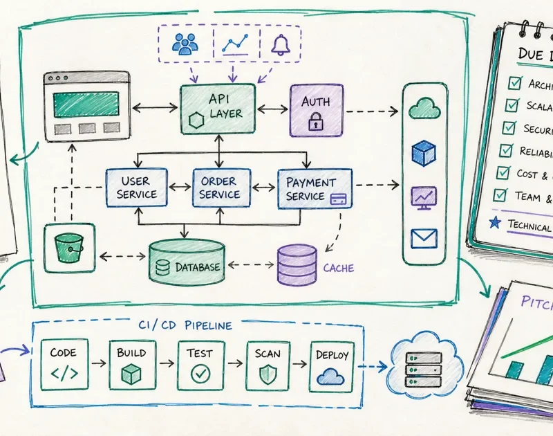 Architecture diagram and diligence checklist showing software risk before fundraising