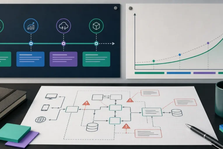 Startup roadmap and architecture sketch showing timing triggers for a review