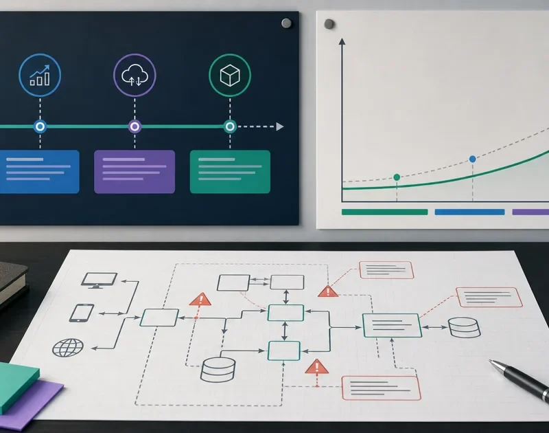Startup roadmap and architecture sketch showing timing triggers for a review