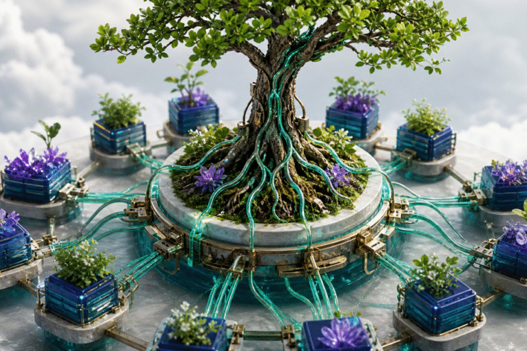 A living root system keeps connected technical modules synchronized.