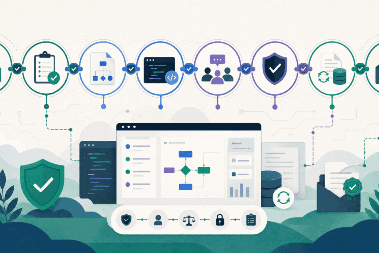AI feature development workflow shown as eight connected checkpoints from ticket intake to an evidence receipt