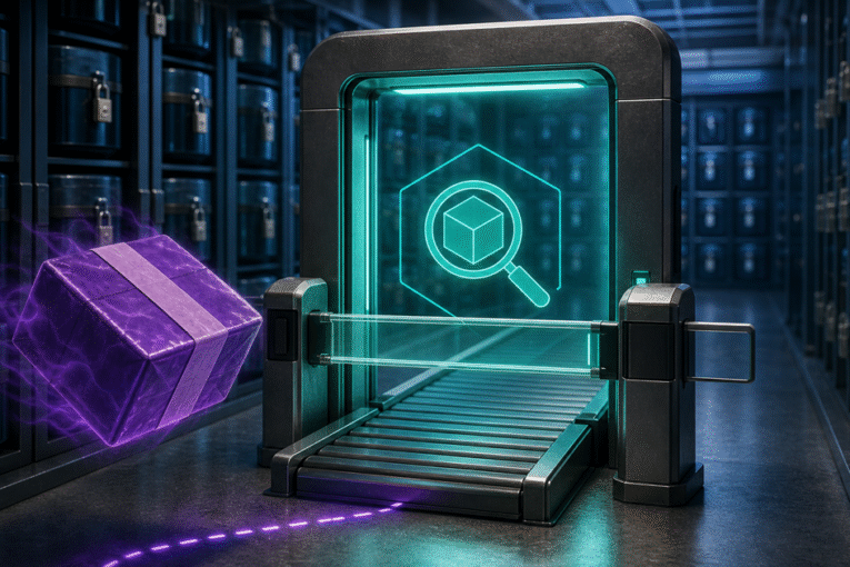 A floating package waits outside an evidence scanner in a secure archive.