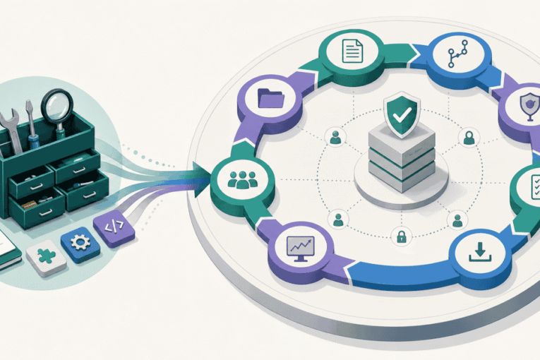 AI coding workflow shown as small specialist toolkit beside a repository-wide governed lifecycle map