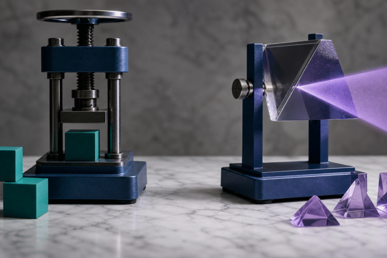 A mechanical proof press and an interpretation prism sit as different evidence instruments.