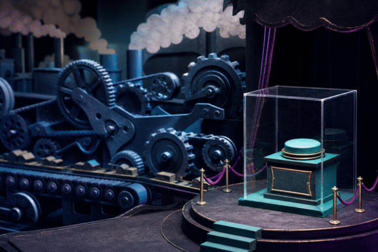 A control button sits behind glass while machinery continues behind the stage.