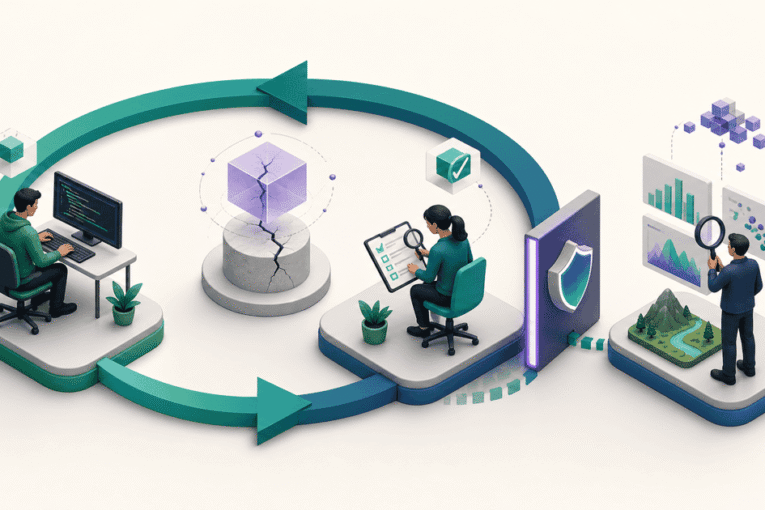 loop engineering evaluator shown as a circular evaluator loop interrupted by independent criteria and an external chec