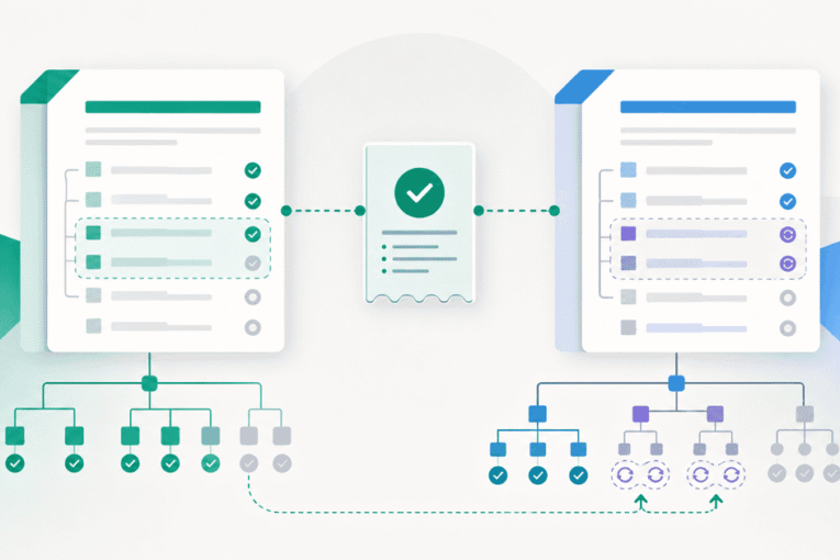 AI specification change control shown as two specification versions connected by an approved change receipt