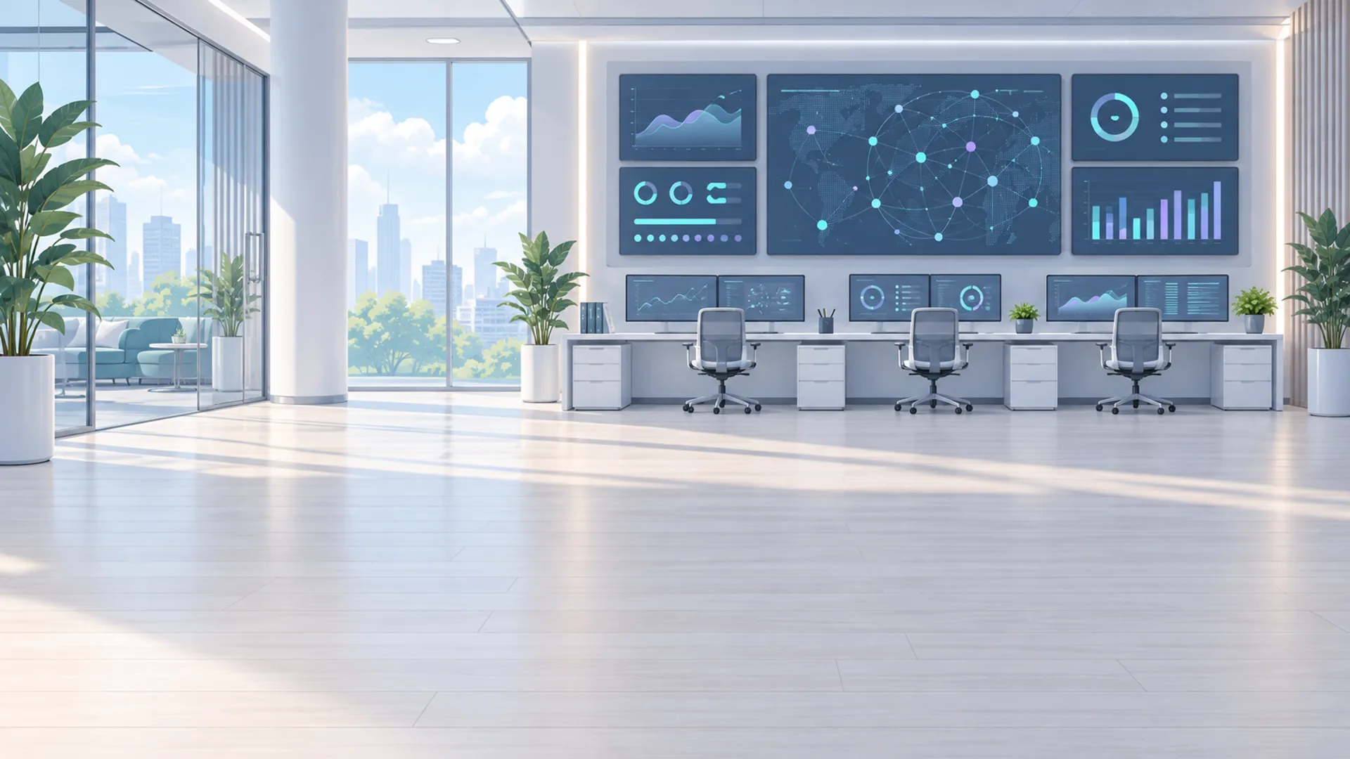 Illustration: in a calm operations room Bas checks an AI agent's graphs on a tablet, Inès works on a laptop and Kip, the purple AI helper, thinks it over beside a small agent network and a security shield.